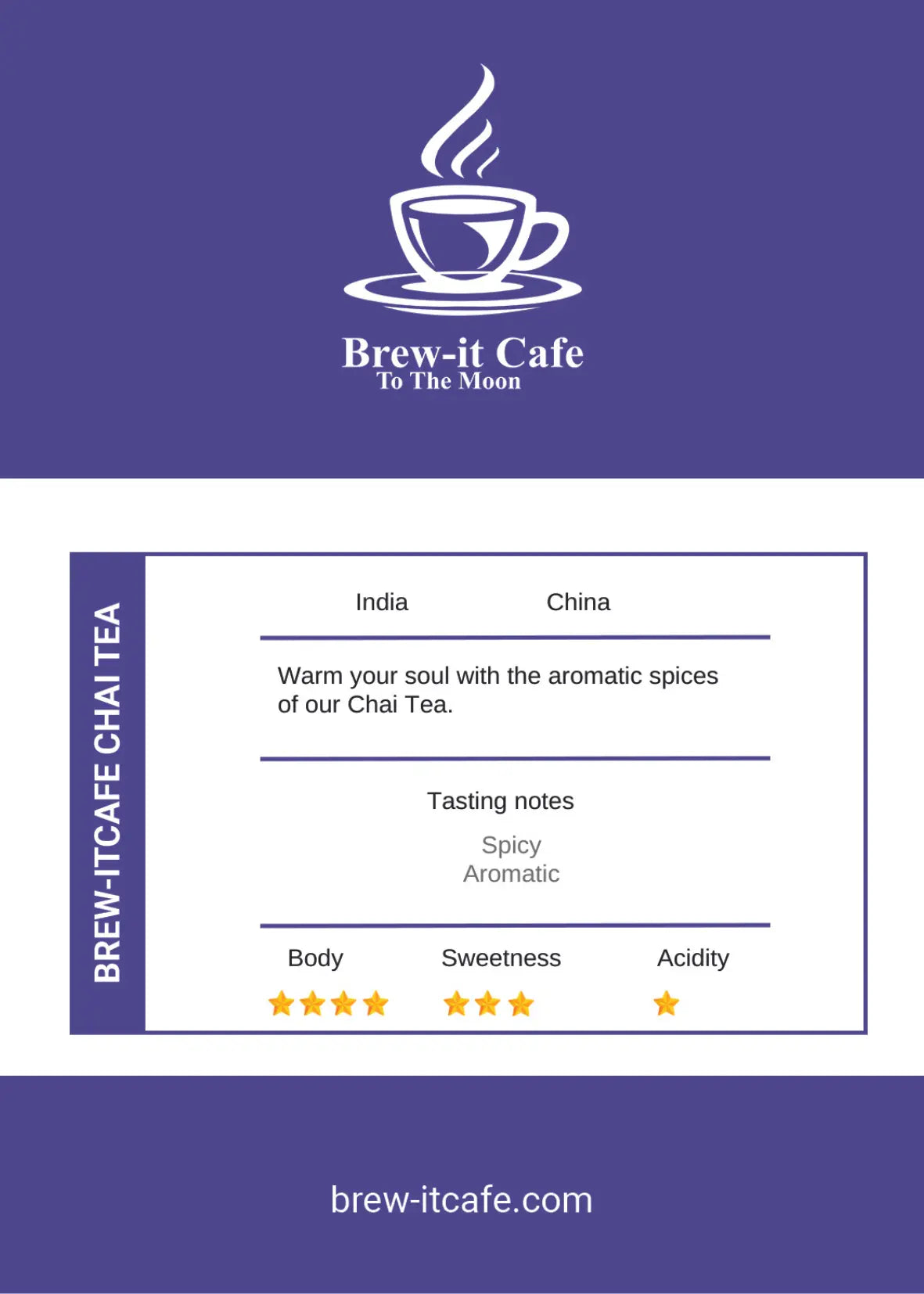 Brew-itCafe Chai Tea with aromatic spices, featuring spicy and aromatic tasting notes