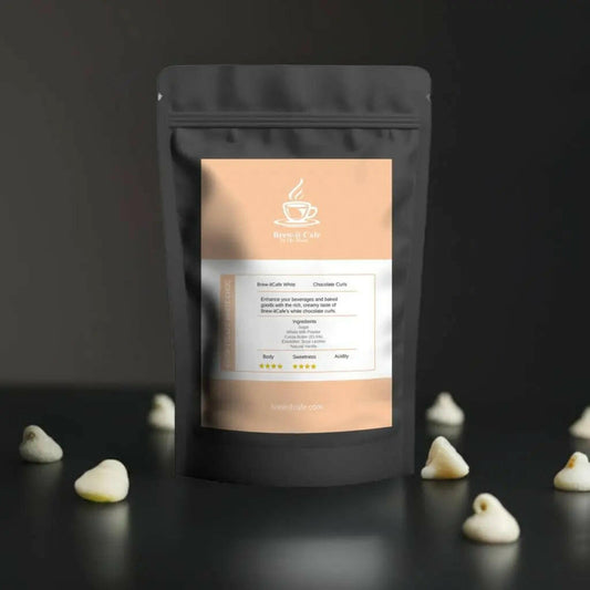 Brew-itCafe creamy white hot chocolate UK in a resealable pouch with chocolate chips
