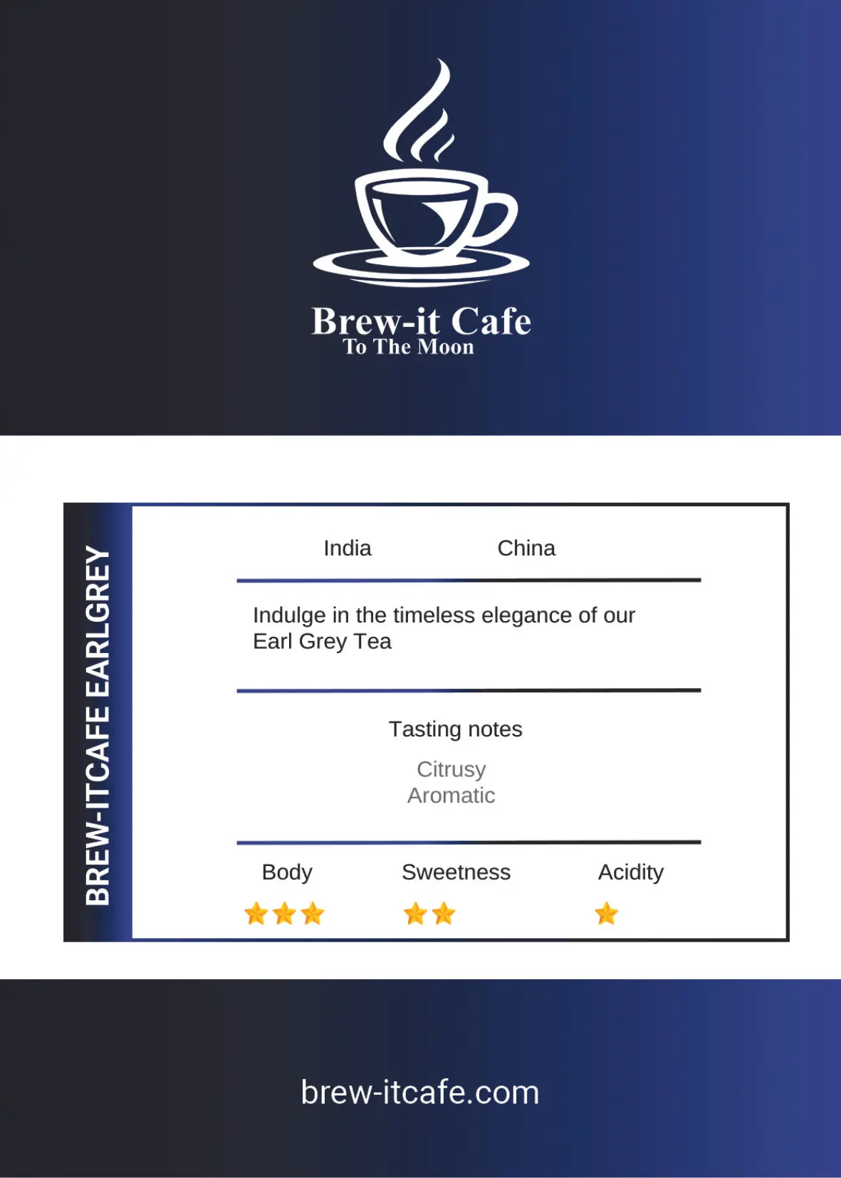 Brew-itCafe Earl Grey Tea packaging featuring tasting notes and origin details from India and China