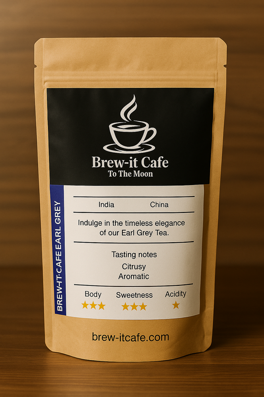 Brew-itCafe Earl Grey Tea package featuring elegant design with tasting notes and star ratings