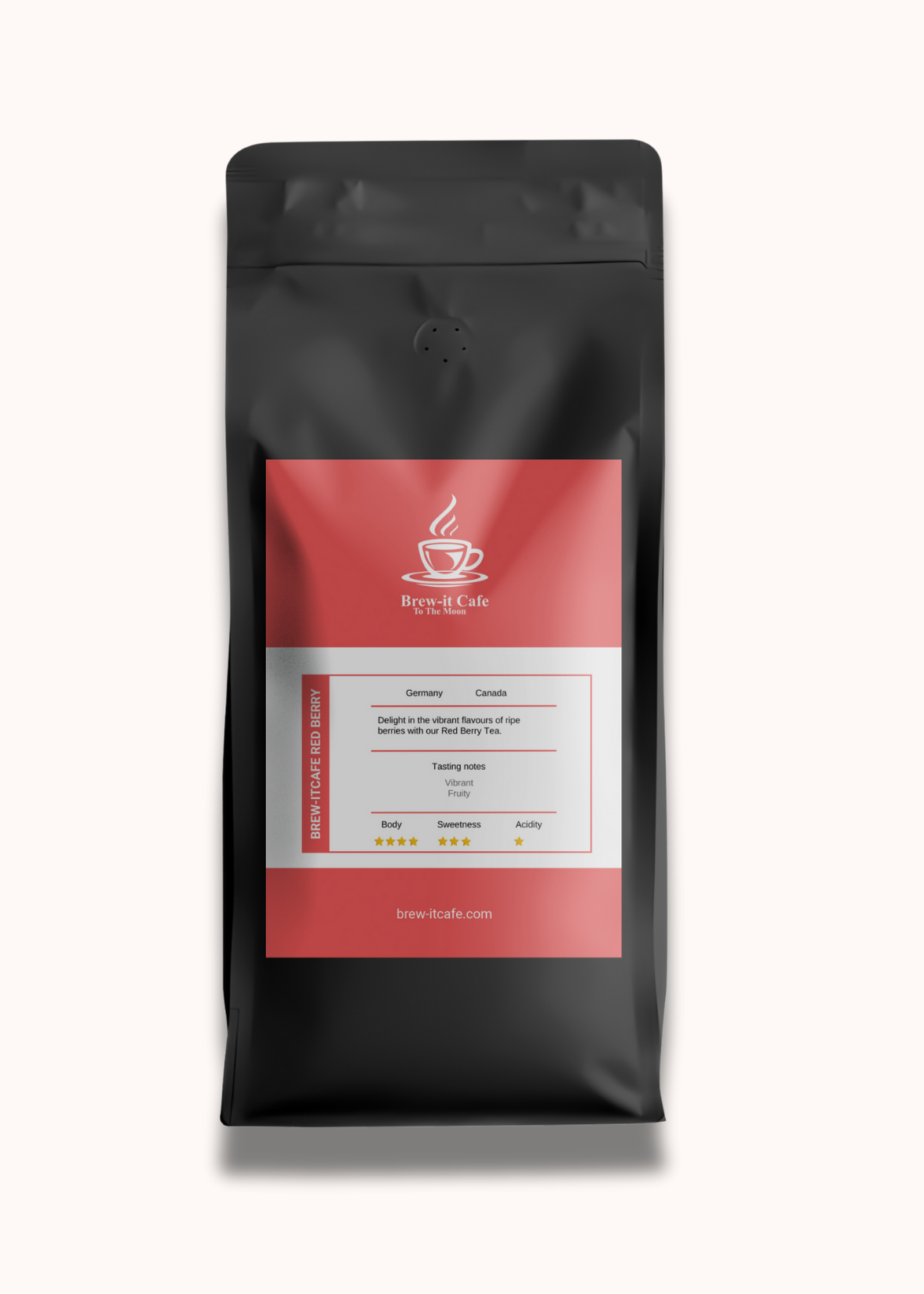 Brew-itCafe Fruity Red Berry Tea Packaging with Flavor Profile and Brewing Instructions