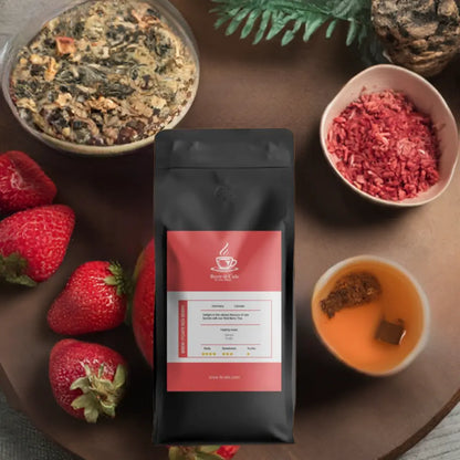 Brew-itCafe fruity red berry tea with dried strawberries and other ingredients on a decorative platter