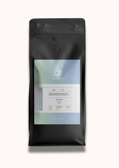 Brew-itCafe Jasmine Tea packaging showcasing aromatic green tea blend with vibrant colors