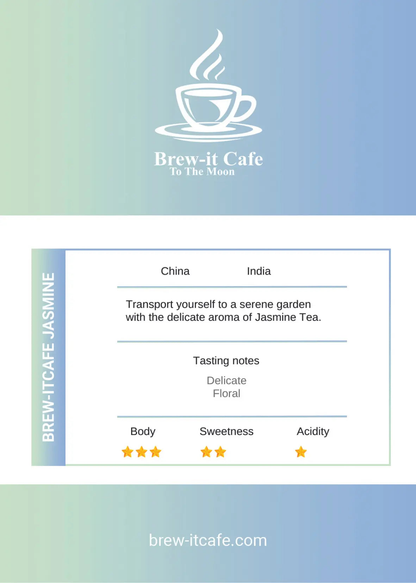 Brew-itCafe Jasmine Tea packaging with tasting notes for delicate and floral flavor profile