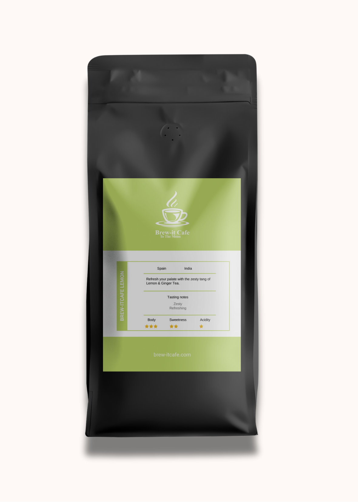 Brew-itCafe Lemon & Ginger Tea in a sleek black packaging with vibrant green label