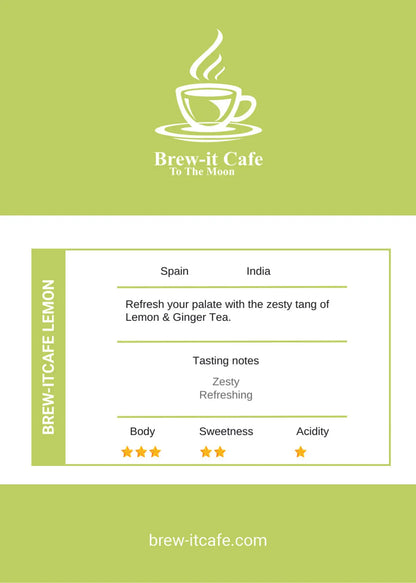 Brew-it Cafe Lemon Ginger Tea Blend with zesty notes for a refreshing herbal drink
