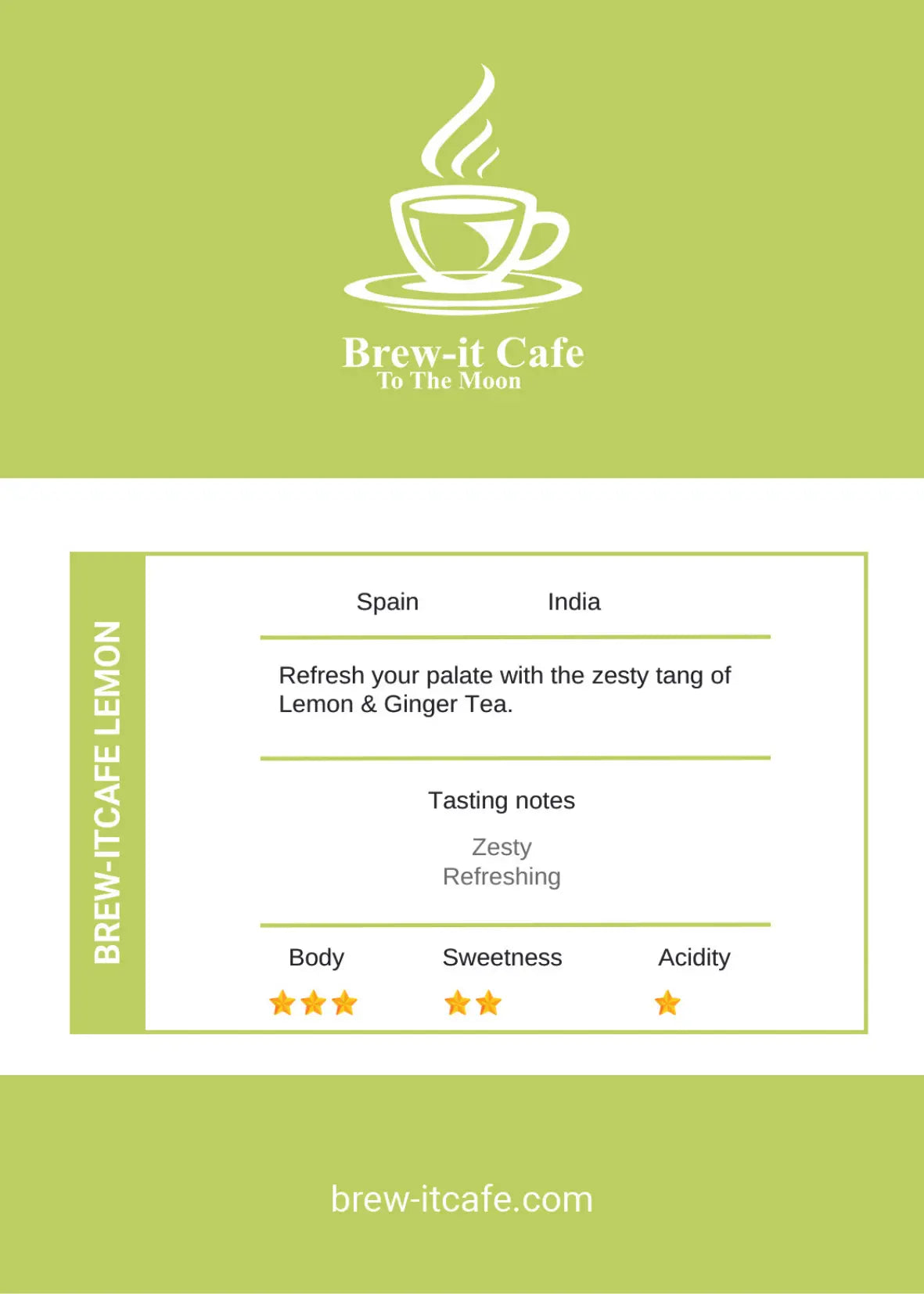 Close-up label of Brew-itCafe Lemon & Ginger Tea showing origin, tasting notes, and flavor profile. Zesty, caffeine-free herbal tea blend.