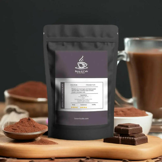 Brew-itCafe luxury hot chocolate UK in a sleek pouch with rich chocolate drink backdrop