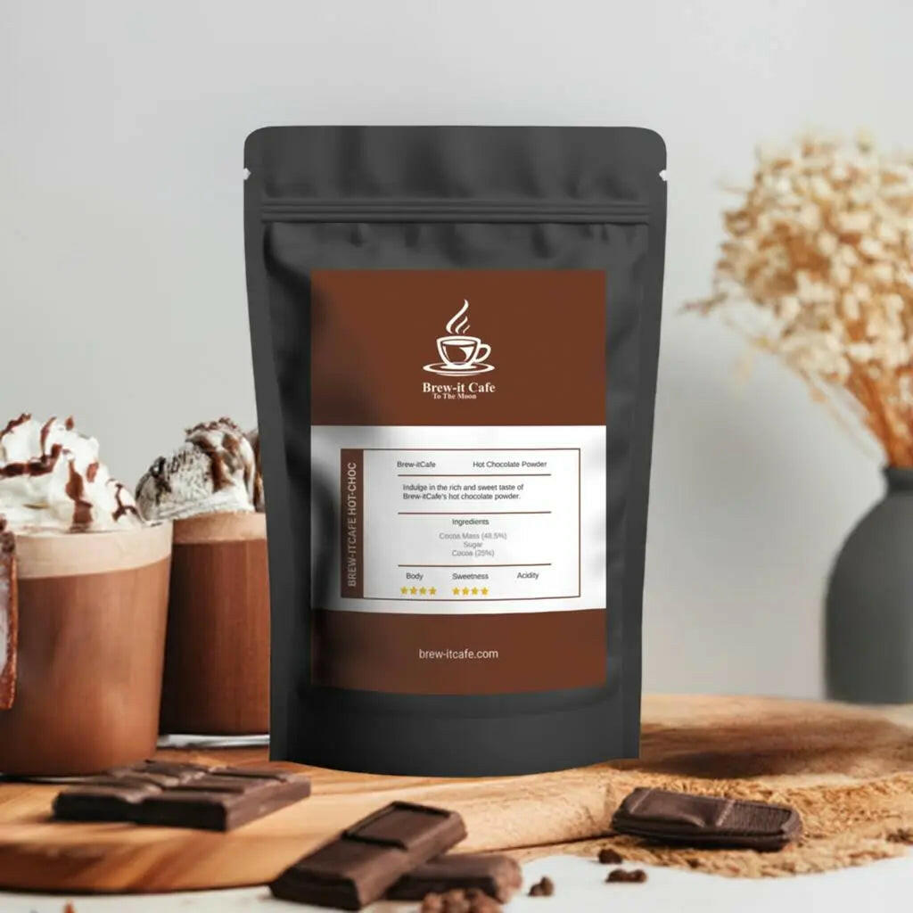 My Store luxury hot chocolate UK packaging with chocolate squares and drinks in background