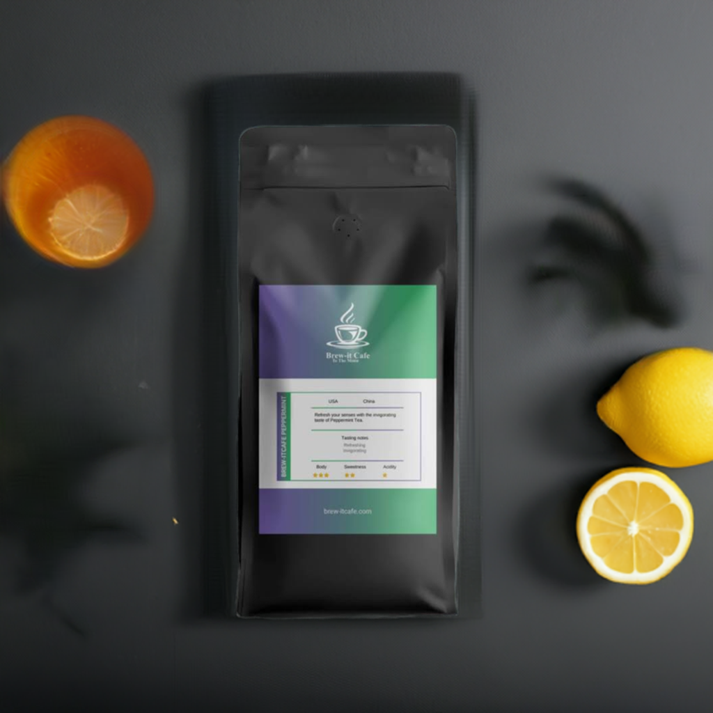 Brew-itCafe Peppermint Tea packaging with lemon and orange slices for a refreshing experience