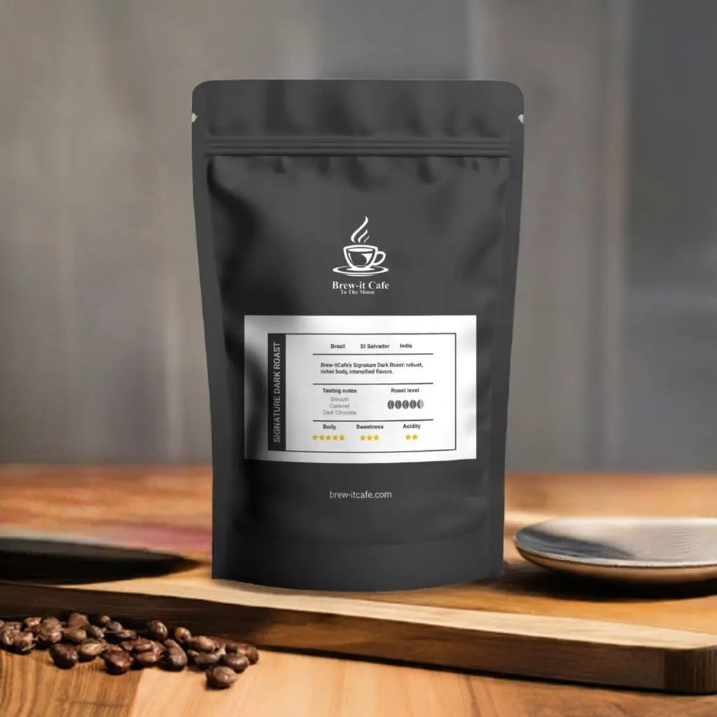 Brew-itCafe Signature Dark Roast coffee bag with tasting notes on a wooden table