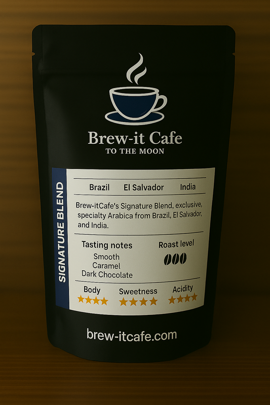 Brew-itCafe Signature Blend coffee bag featuring tasting notes of smooth everyday coffee with dark chocolate flavor