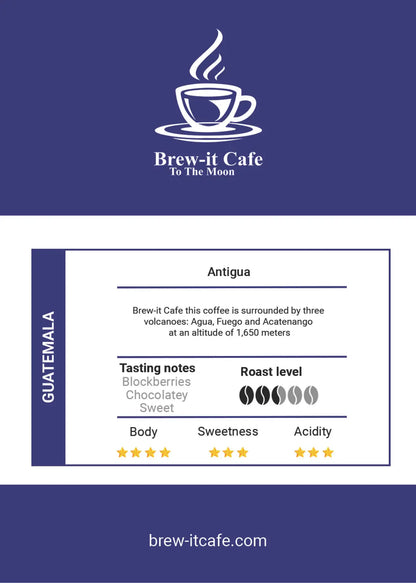 Brew-itCafe Antigua single-origin coffee label with tasting notes and roast level details