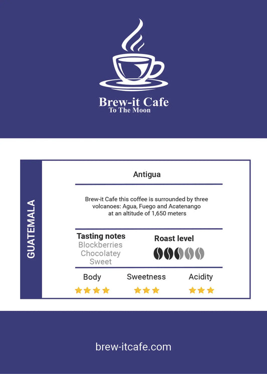 Brew-itCafe single-origin Antigua coffee from Guatemala in resealable black bag with blue and white label