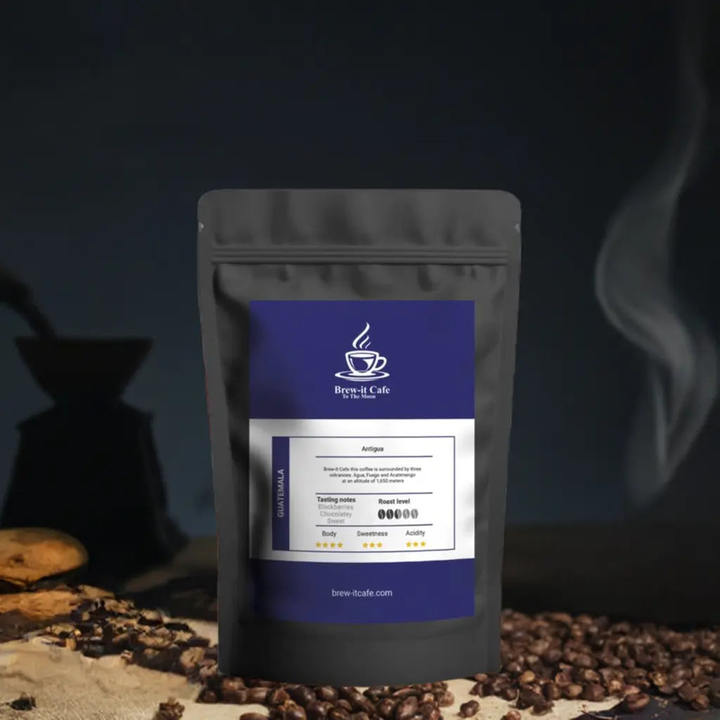 Brew-itCafe single-origin coffee in black resealable bag with tasting notes and roast level
