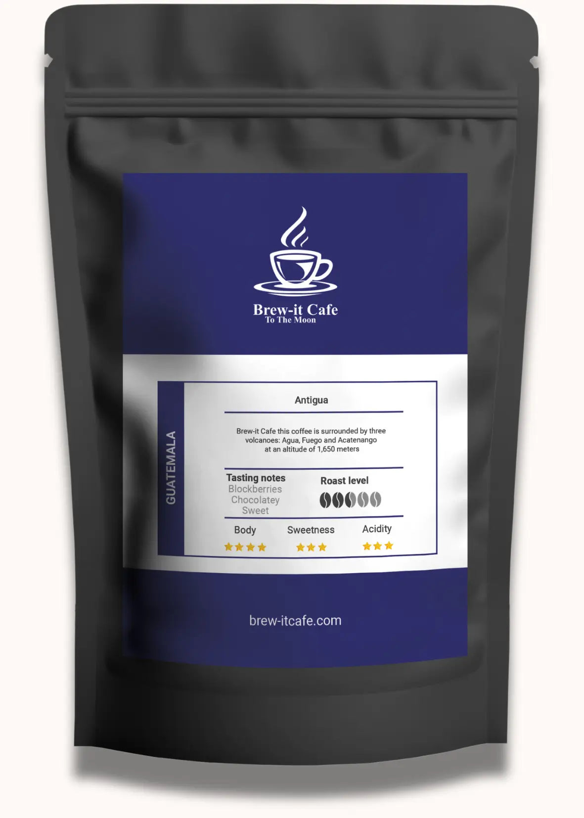 Brew-itCafe single-origin Antigua coffee from Guatemala in resealable black bag with blue and white label