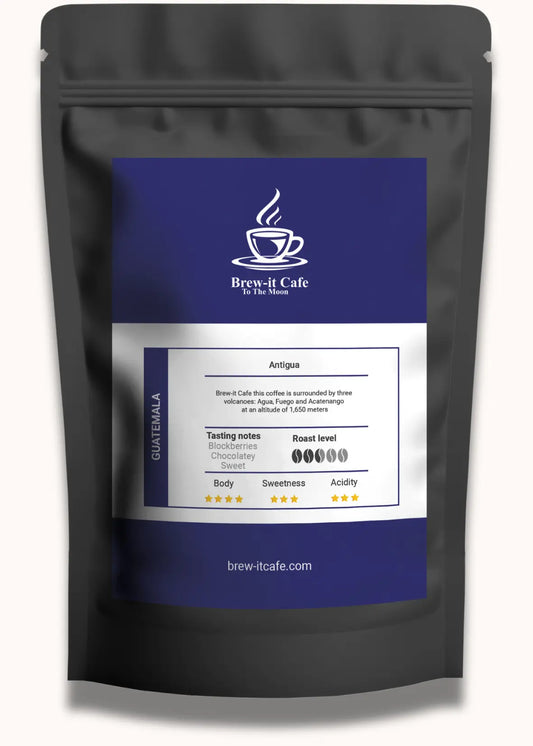 Brew-itCafe single-origin Antigua coffee from Guatemala in resealable black bag with blue and white label