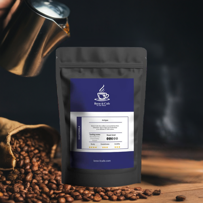 Brew-itCafe single-origin coffee bag with roasted coffee beans and pouring kettle on wooden surface