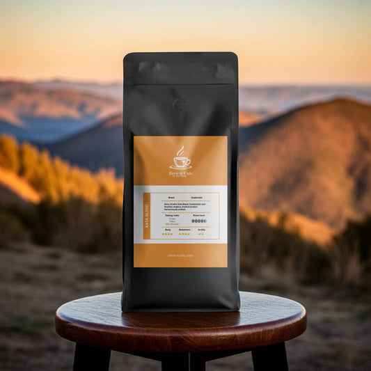 Brew-itCafe whole bean coffee bag on wooden stool with mountain sunset background and product label
