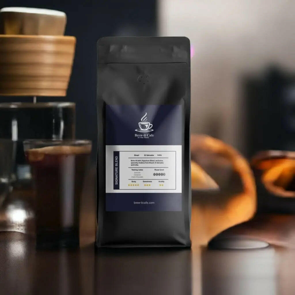 Brew-itCafe Signature Blend coffee bag with detailed label on a table next to coffee cups