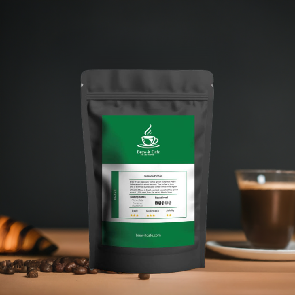 Brew-itCafe single-origin coffee bag with tasting notes and roast level displayed on label