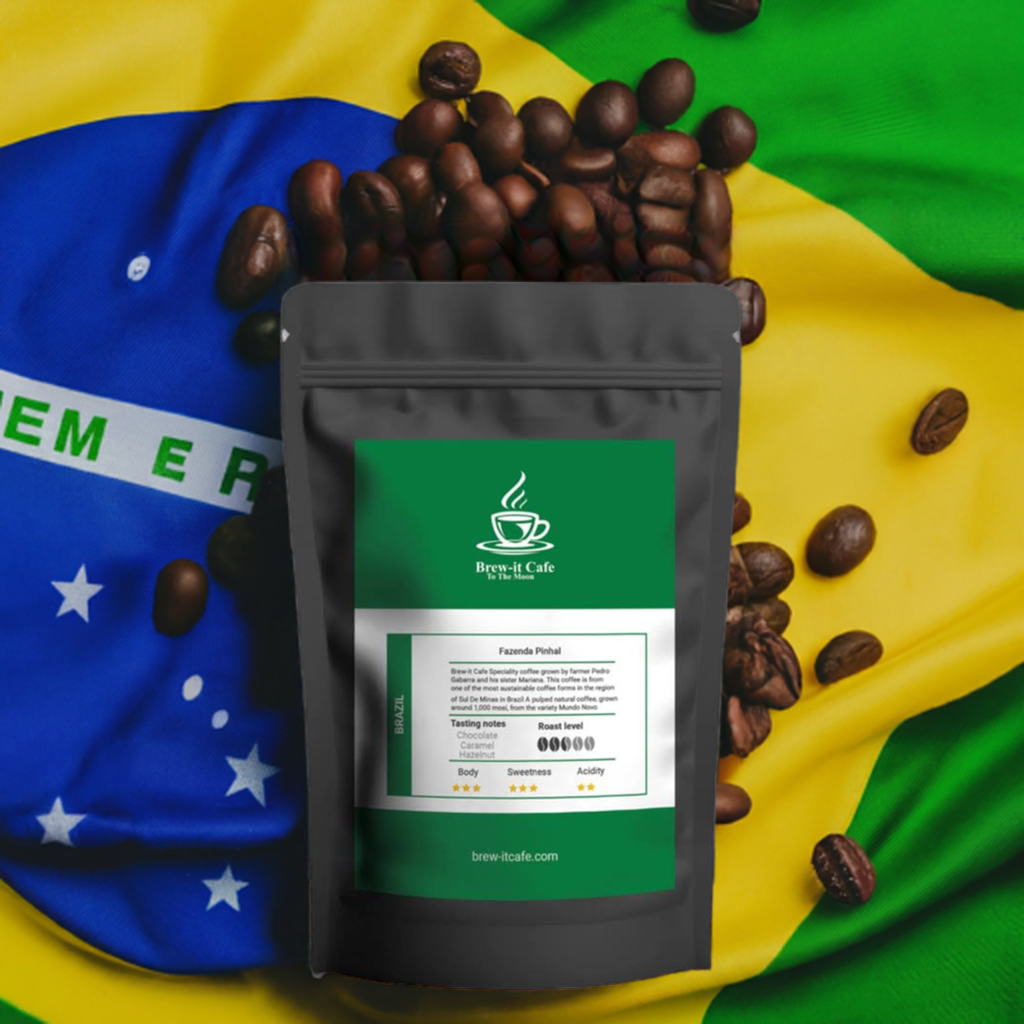 Brew-itCafe single-origin coffee package with dark roast beans on Brazilian flag background