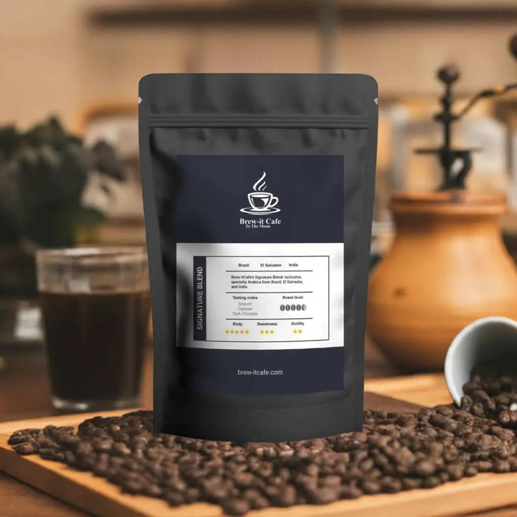 Brew-itCafe Signature Blend coffee bag with roasted coffee beans on wooden surface and coffee cup in background