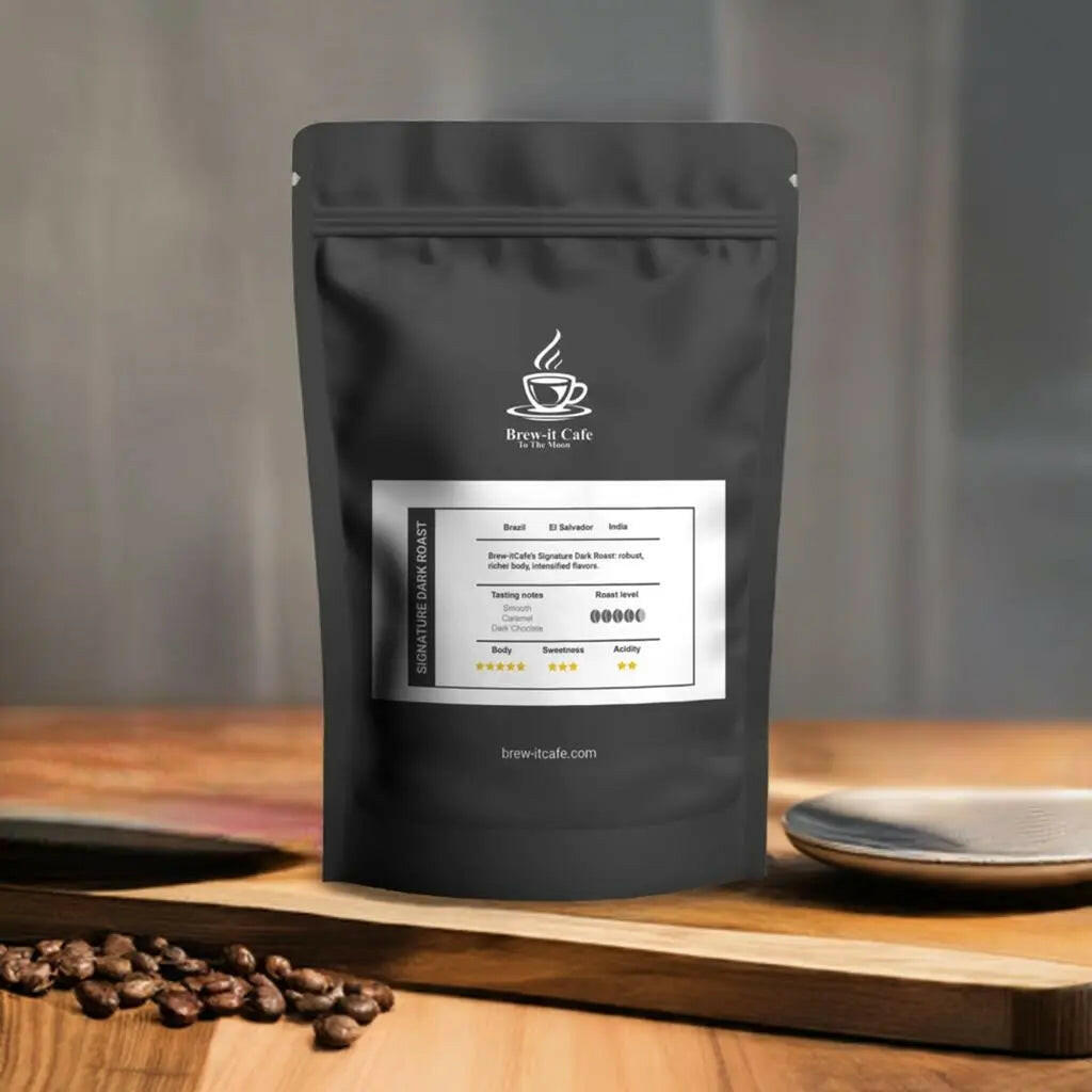 Brew-itCafe dark roast coffee bag with tasting notes and roast level displayed on label
