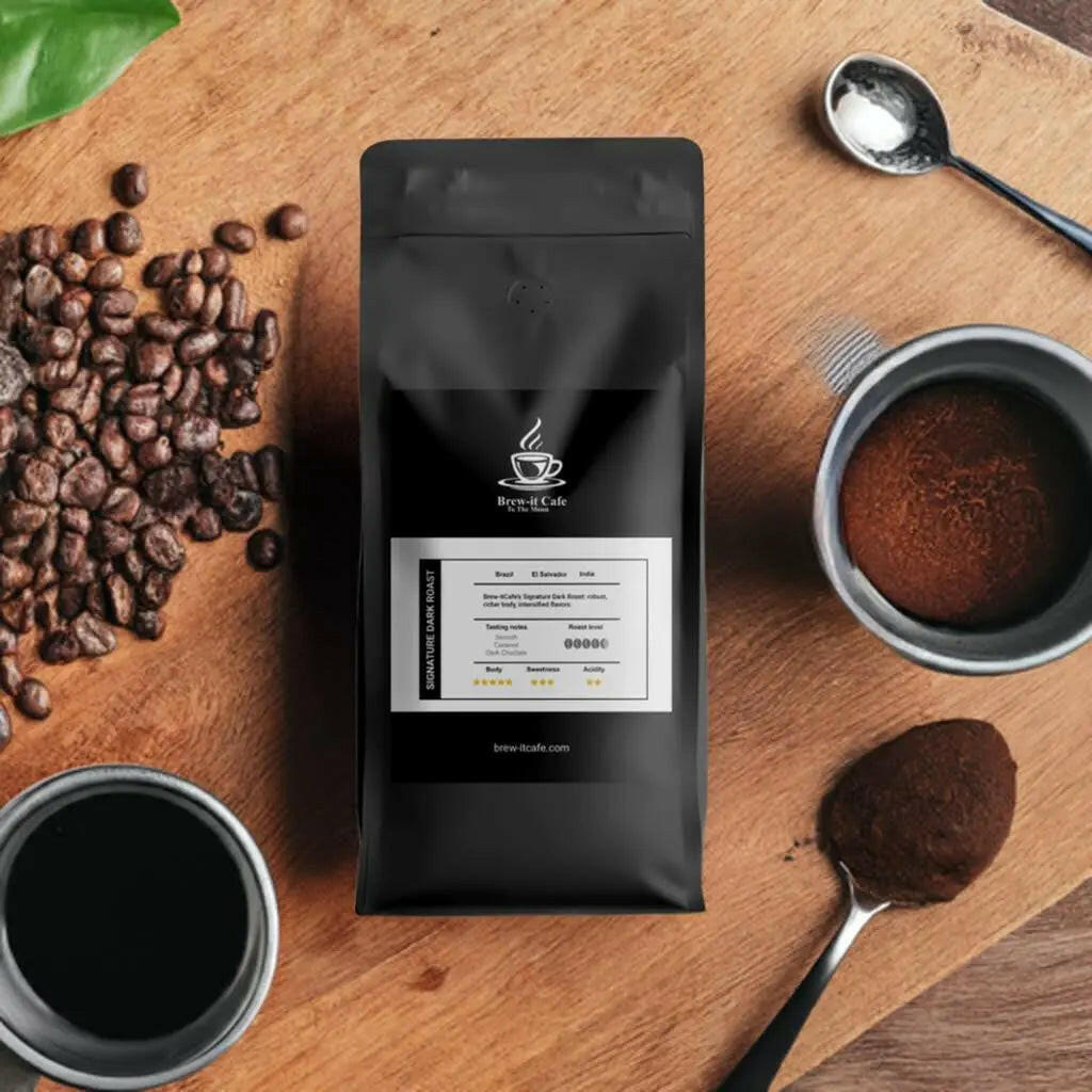 Brew-itCafe dark roast coffee bag with coffee beans, ground coffee, and brewed cup on wooden table