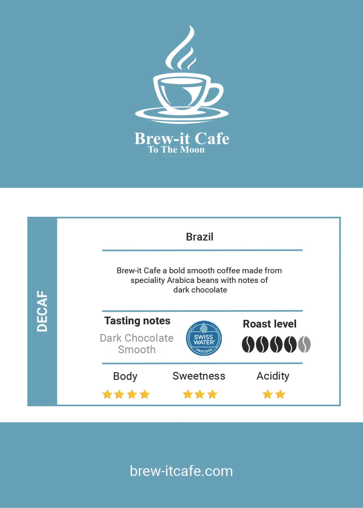 Brew-itCafe Decaf Coffee label showing Brazil Arabica beans with dark chocolate notes and medium roast level