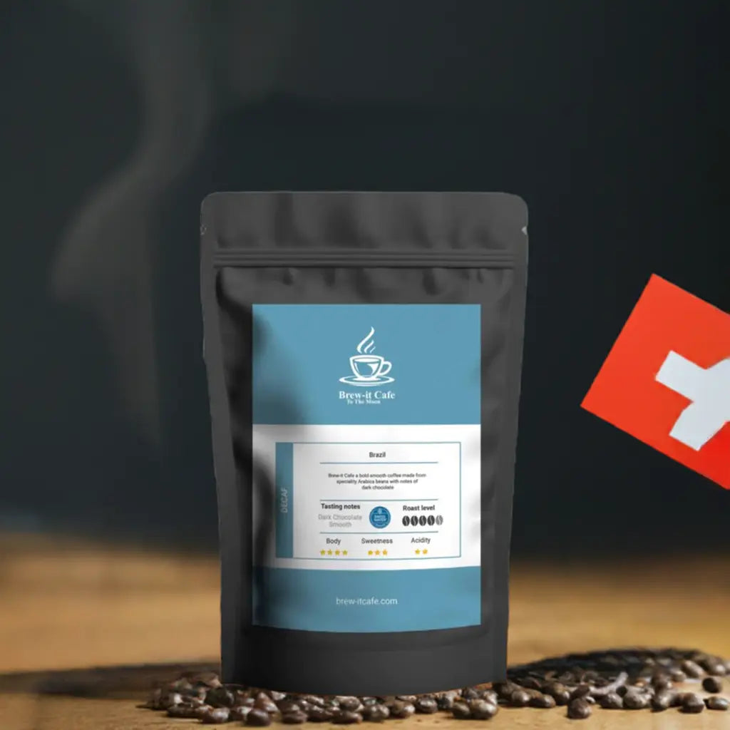 Brew-itCafe decaf coffee bag with tasting notes and roast level on blue label surrounded by coffee beans