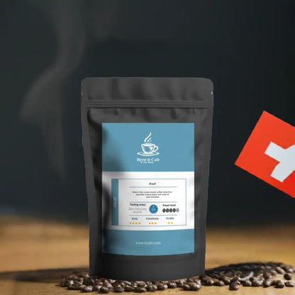 Brew-itCafe decaf coffee bag with tasting notes and roast level on blue label surrounded by coffee beans