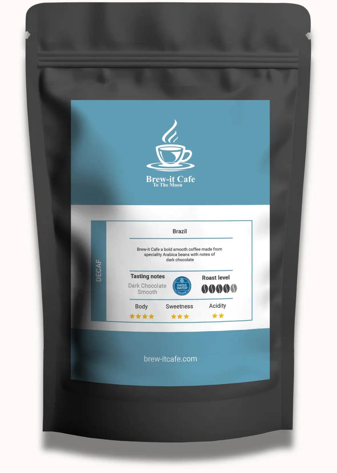 Brew-itCafe decaf coffee bag with tasting notes and roast level information on black resealable packaging