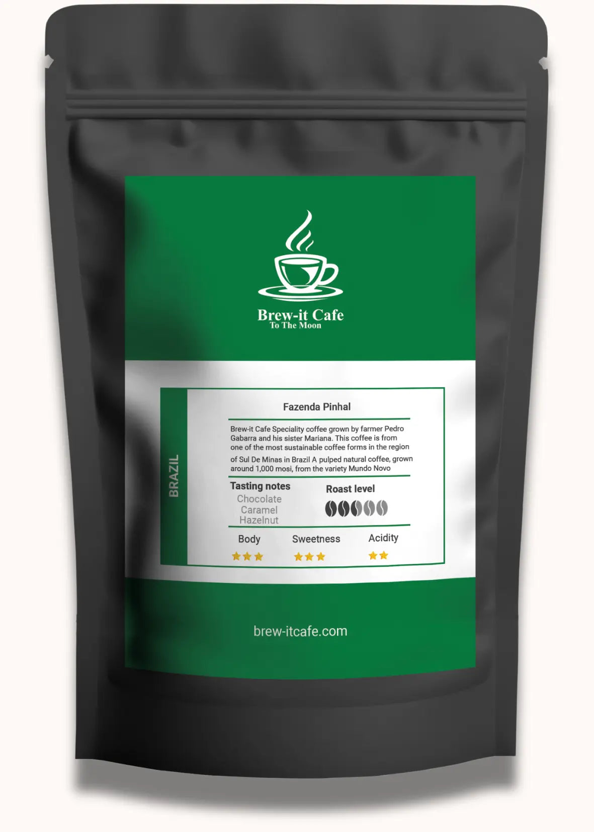 Brew-itCafe single-origin coffee bag from Brazil with tasting notes and roast level on green label