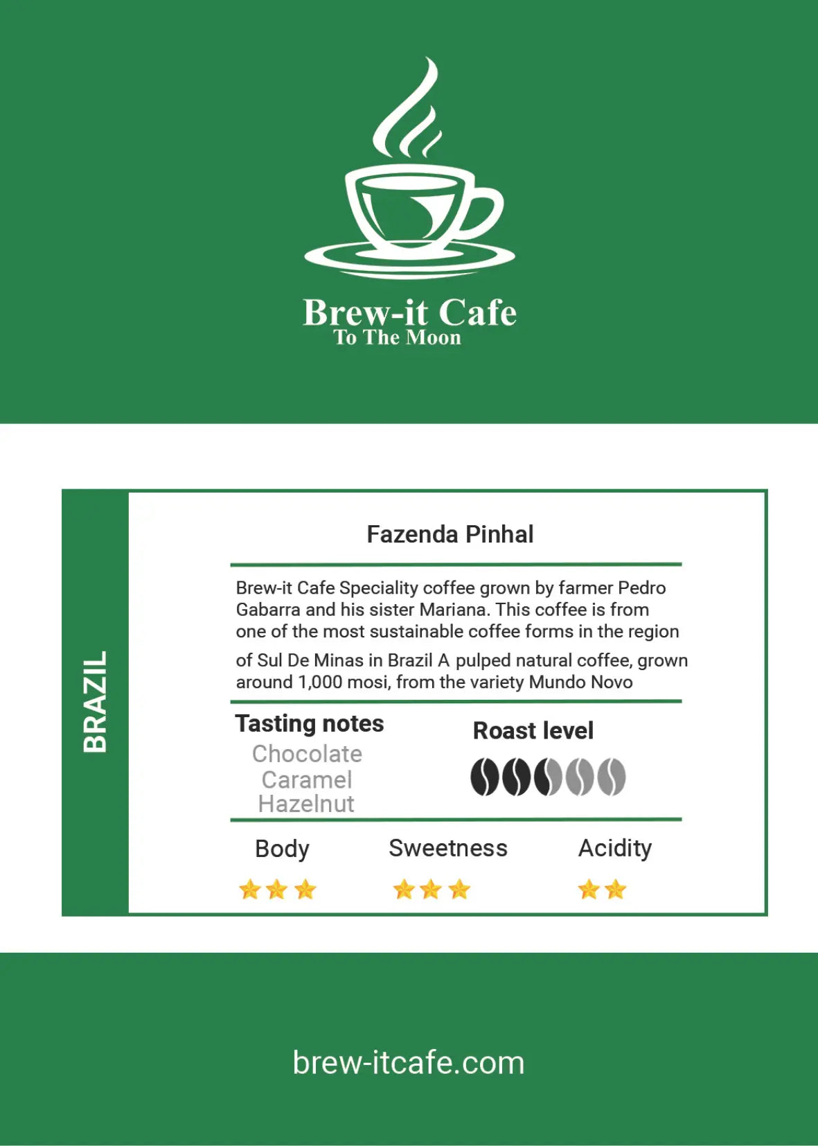 Brew-itCafe Single-Origin Coffee Fazenda Pinhal from Brazil with tasting notes and roast level details
