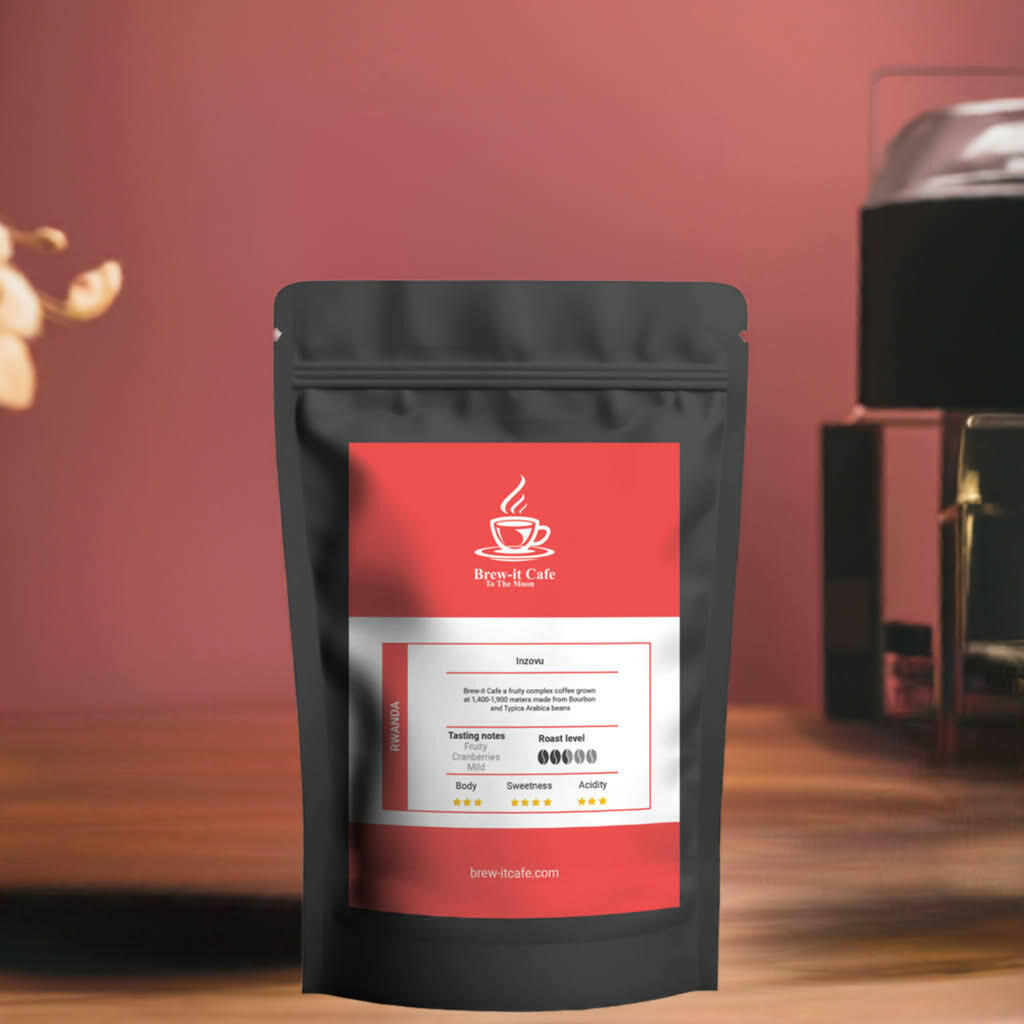 Brew-itCafe single-origin coffee in black resealable packaging with detailed tasting notes