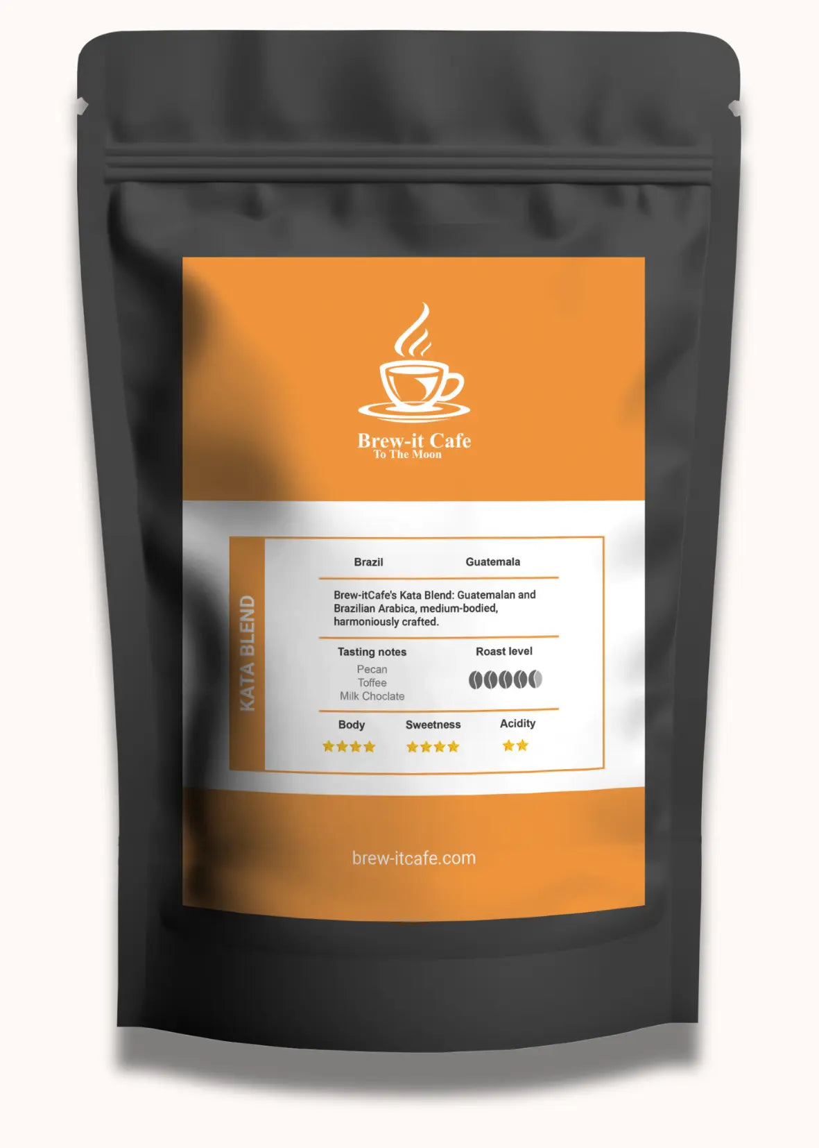 Brew-itCafe Kaja Blend coffee bag with tasting notes and roast level on orange label