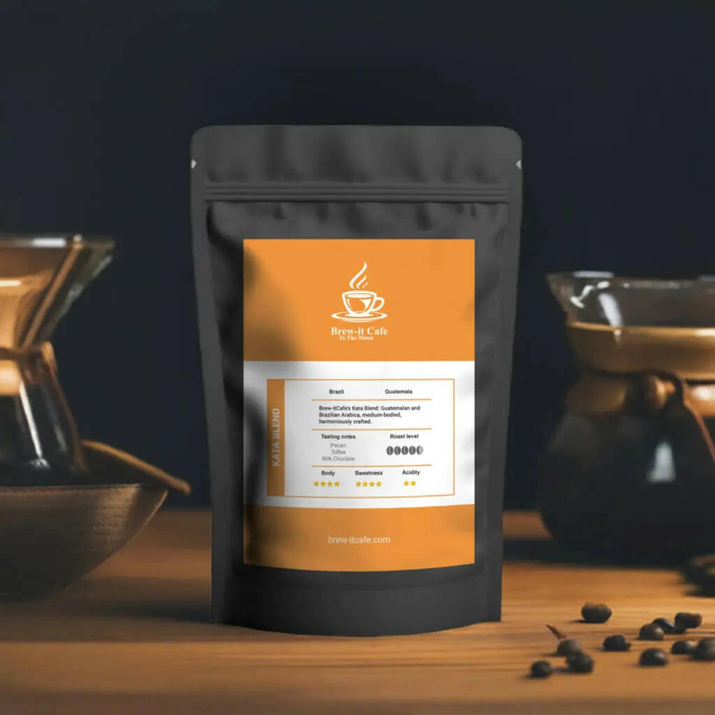 Brew-itCafe Brazil Guatemala coffee beans in black resealable bag on wooden table with coffee brewing equipment