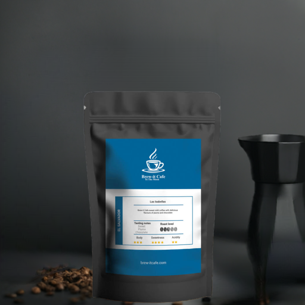 Brew-itCafe single-origin coffee bag with tasting notes and a black coffee dripper on dark background