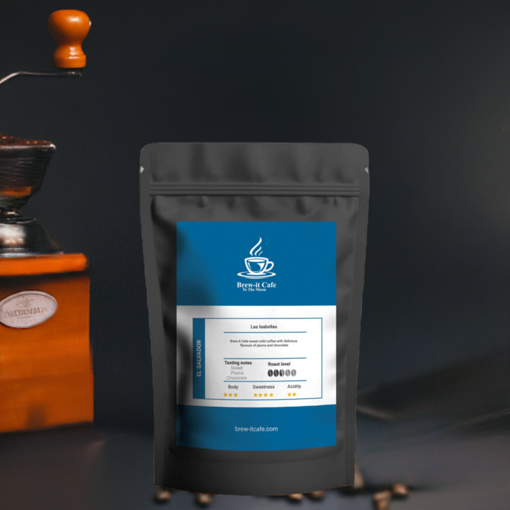 Brew-itCafe single-origin coffee in black resealable bag with tasting notes and roast level on blue label