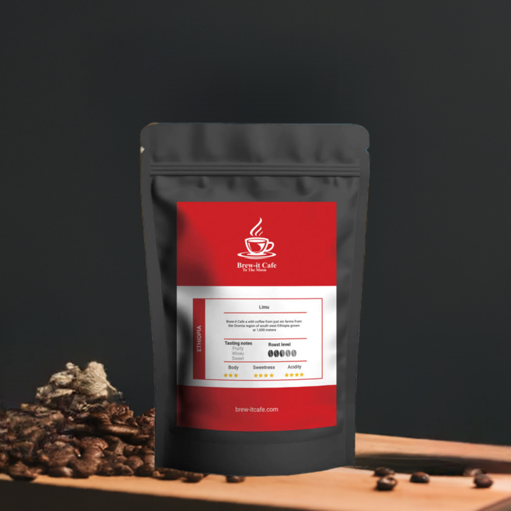 Brew-itCafe single-origin coffee bag with detailed tasting notes and roast level on label