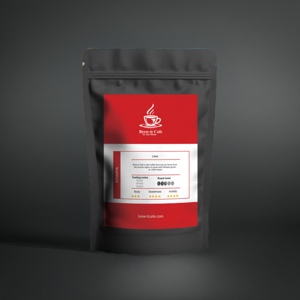 Brew-itCafe single-origin coffee bag with detailed tasting notes and roast level on red label
