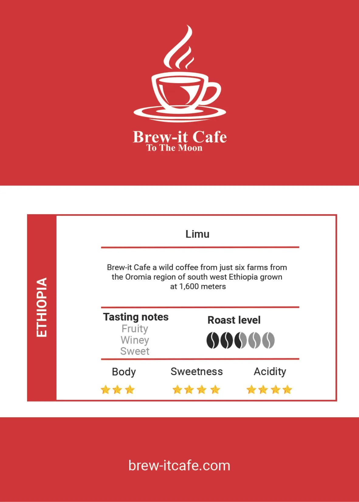 Brew-itCafe single-origin Limu coffee from Ethiopia with tasting notes and roast level details