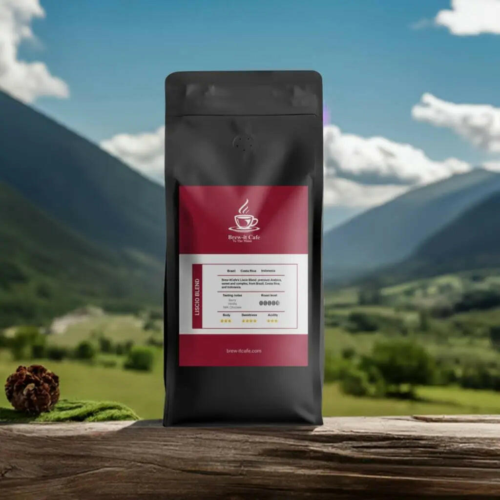 Brew-itCafe medium roast coffee bag with red label placed on wooden surface in mountain landscape