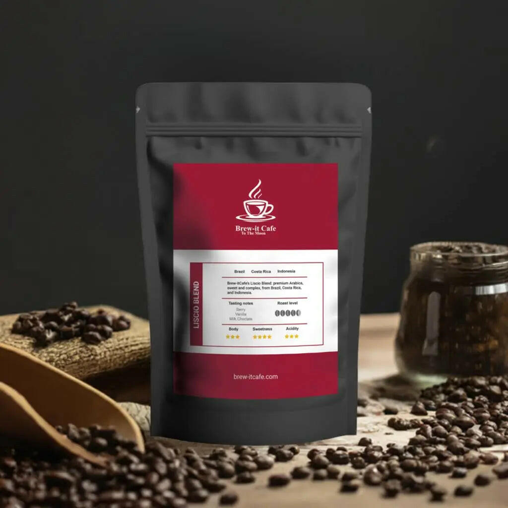 Brew-itCafe medium roast coffee bag with dark red label surrounded by coffee beans and scoop