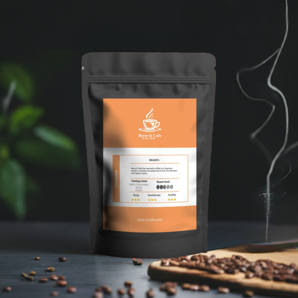 Brew-itCafe single-origin coffee bag with tasting notes and roast level on label with coffee beans and steam in background