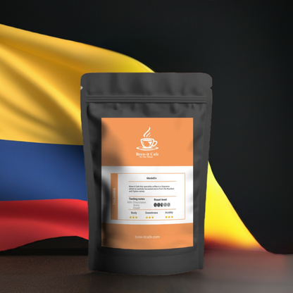 Brew-itCafe single-origin coffee bag with tasting notes and Colombian flag background