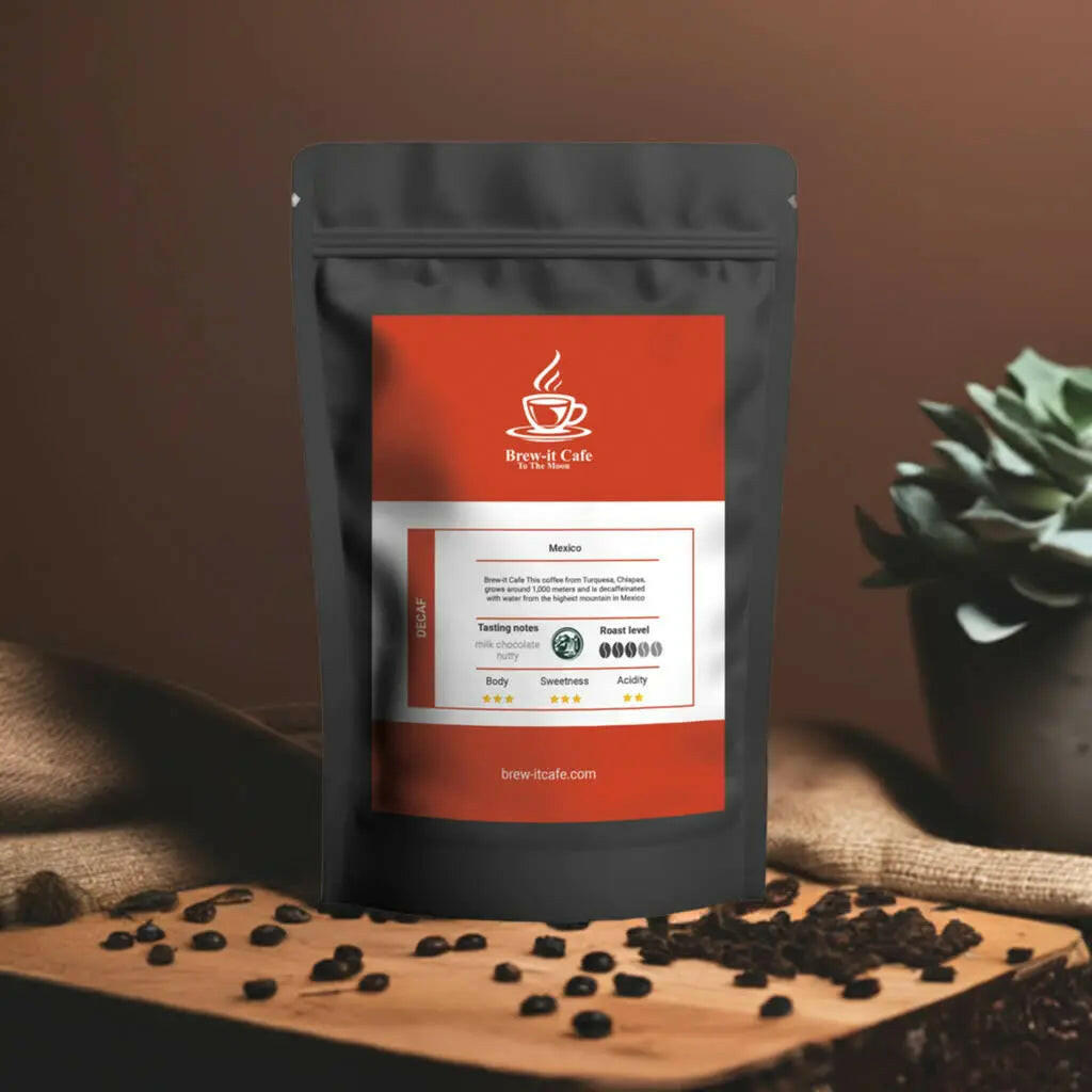 Brew-itCafe decaf coffee package with tasting notes placed on wooden board with coffee beans