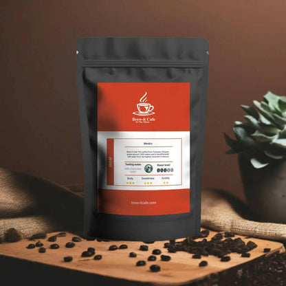 Brew-itCafe decaf coffee package with tasting notes placed on wooden board with coffee beans
