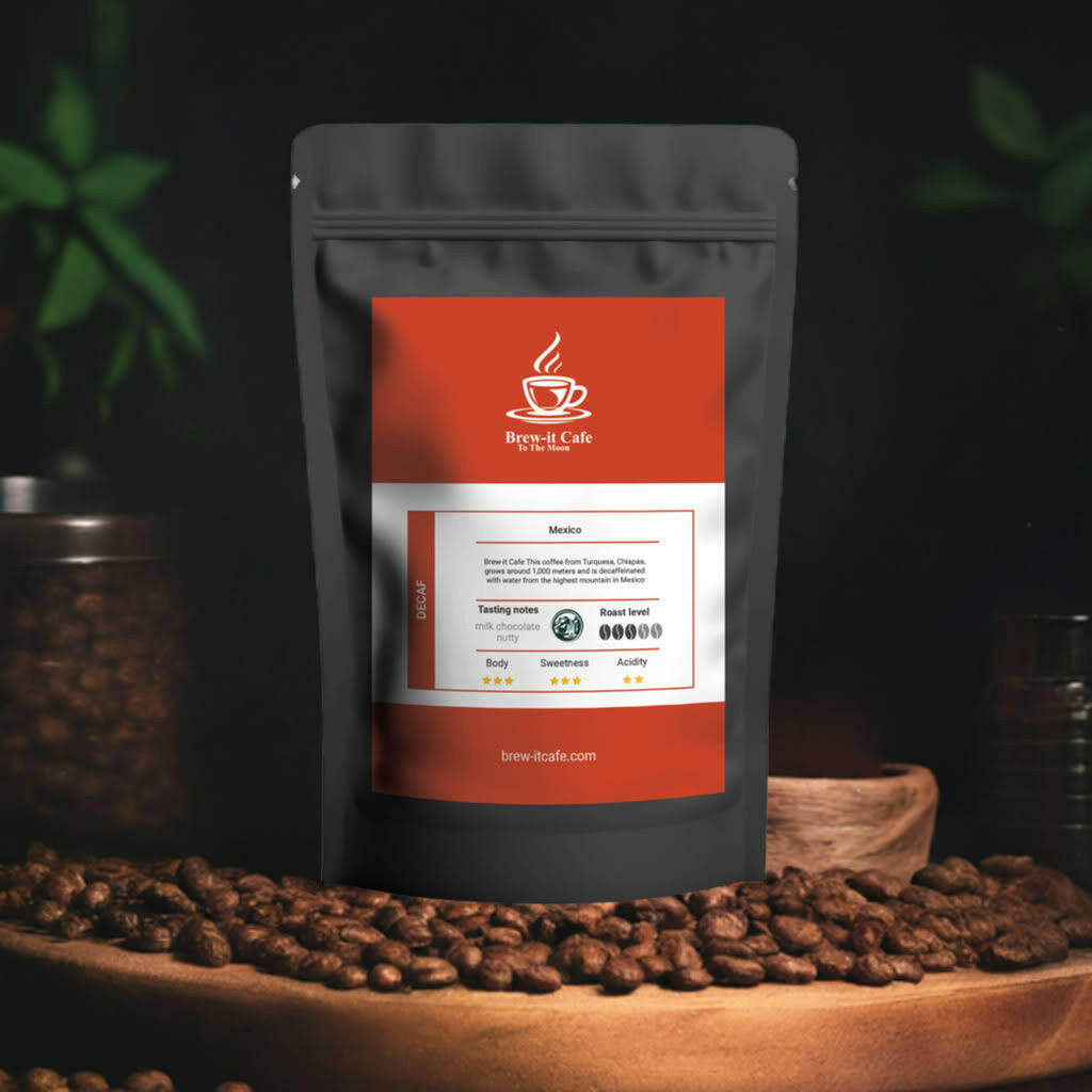 Brew-itCafe decaf coffee bag with tasting notes and roast level displayed on a wooden surface with coffee beans